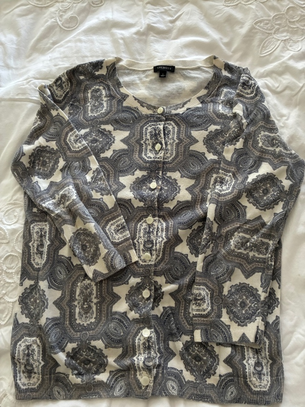 Talbots Cream & Gray Medallion Print Button Cardigan
